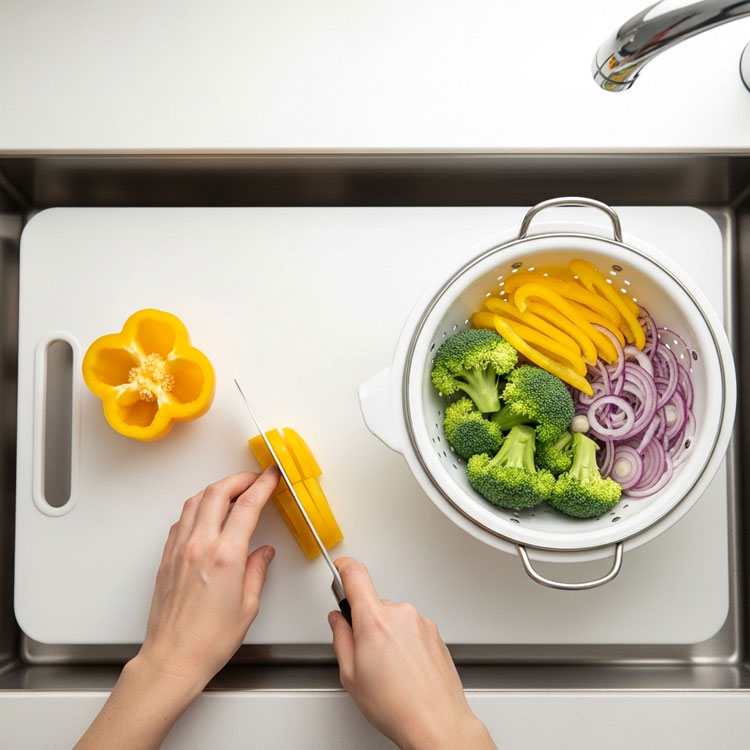 NiHome cutting board over kitchen sink with colander, clever nook tool