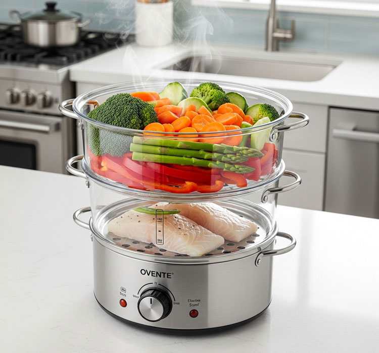 OVENTE 2-tier stainless steel food steamer steaming vegetables in a small kitchen