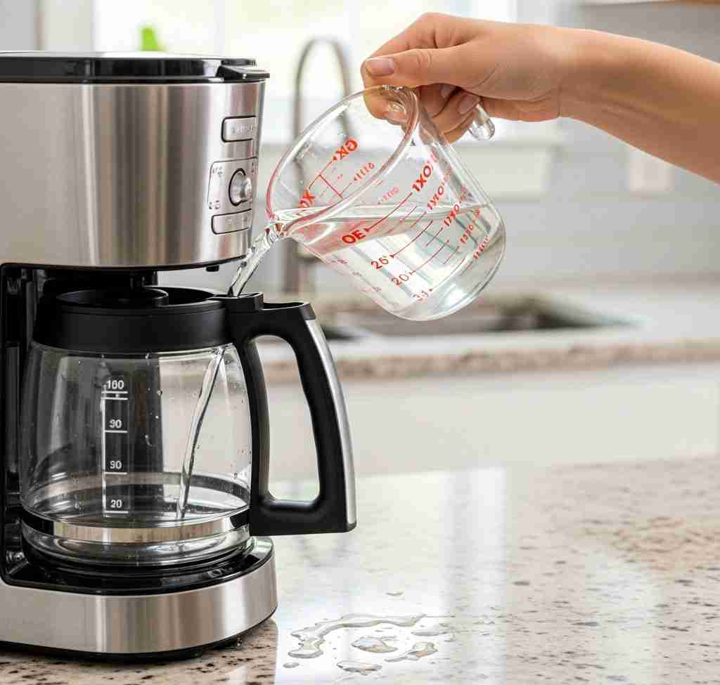 Pouring descaling solution into coffee maker water reservoir for cleaning