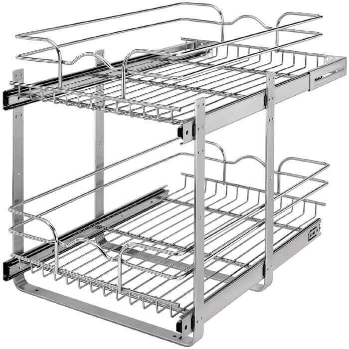 Pull-out cabinet organizer sliding out from deep pantry showing easy access to stored items