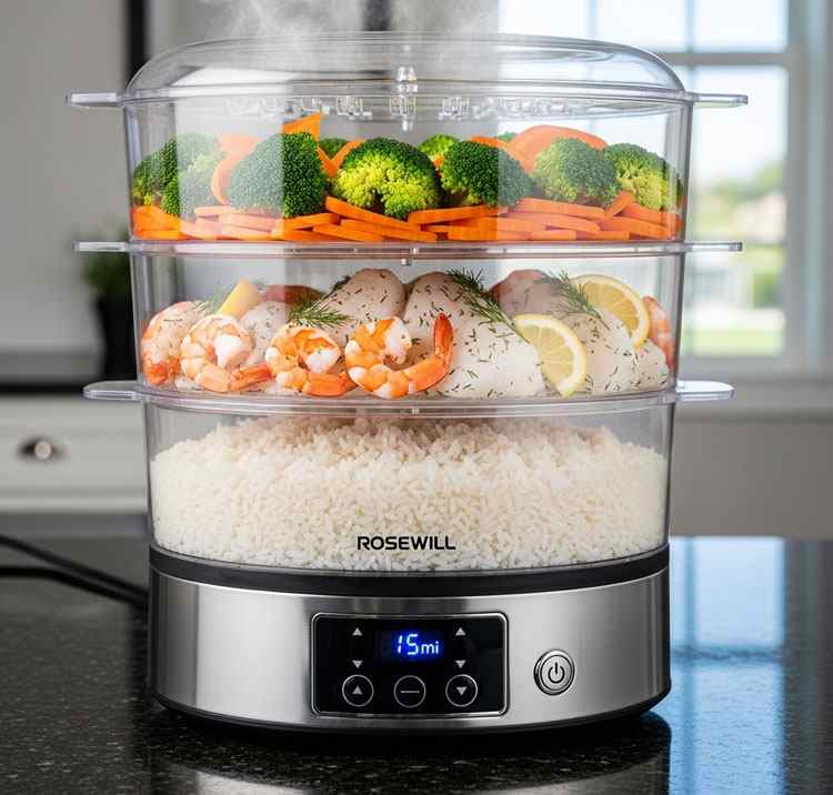 Rosewill 3-tier electric food steamer with steam rising, cooking chicken and vegetables
