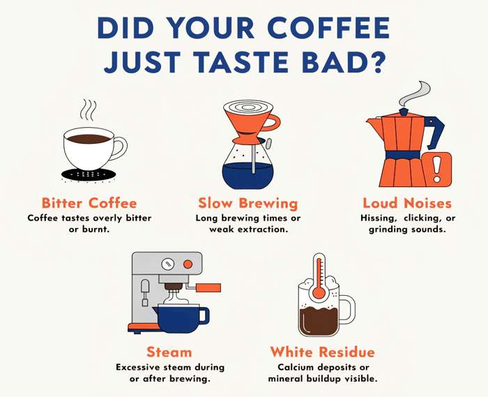 Signs your coffee maker needs descaling including bitter taste, slow brew, loud noises, and white residue
