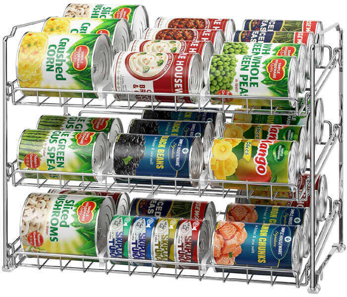Stackable can racks holding 12 cans in small kitchen cabinet, first-in-first-out organization