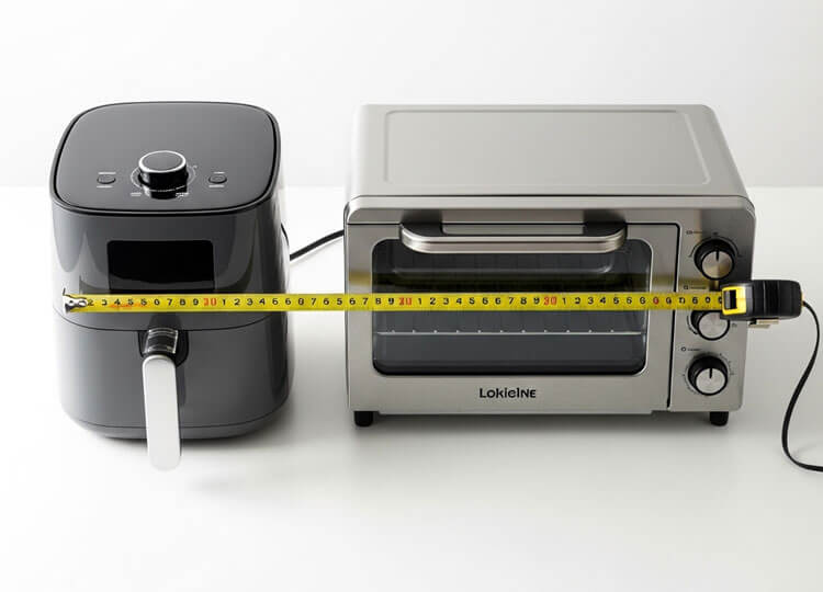 Size comparison of air fryer vs toaster oven with measuring tape showing footprint difference for small kitchens