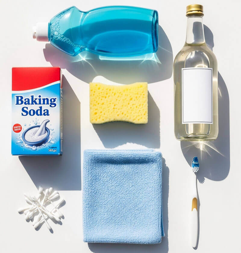 Supplies needed to clean an air fryer including soft sponge, baking soda, vinegar, dish soap, and microfiber cloth