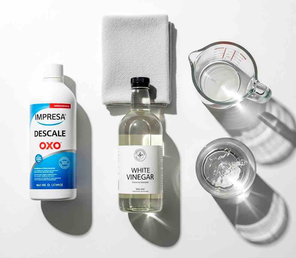 Supplies needed to descale a coffee maker including vinegar, commercial descaler, water, and cloth