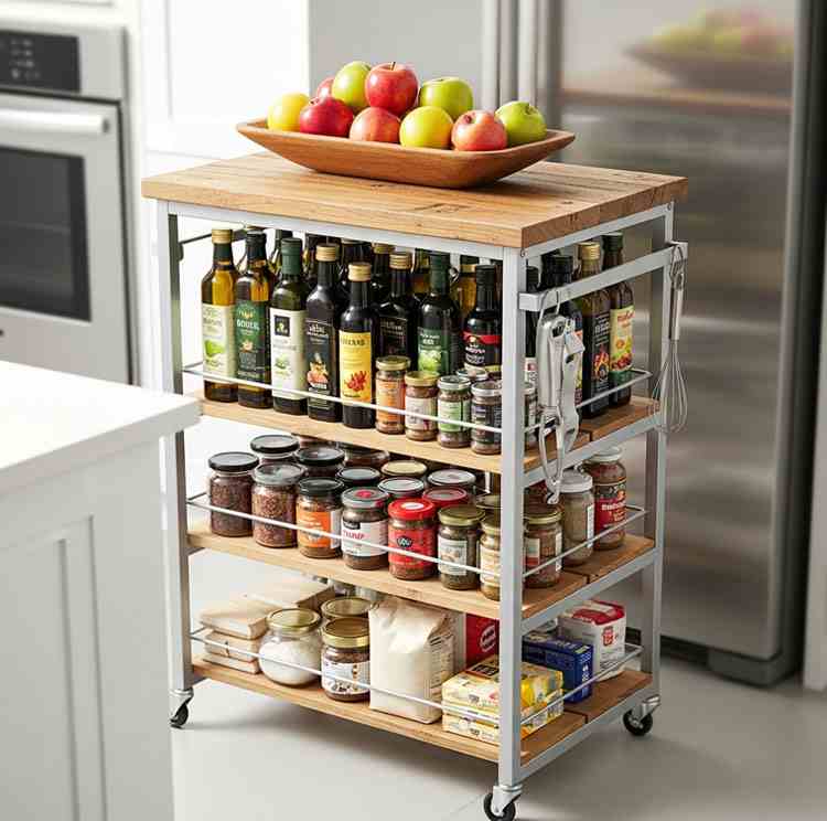 Utility slim storage cart pulled out from narrow gap between fridge and wall