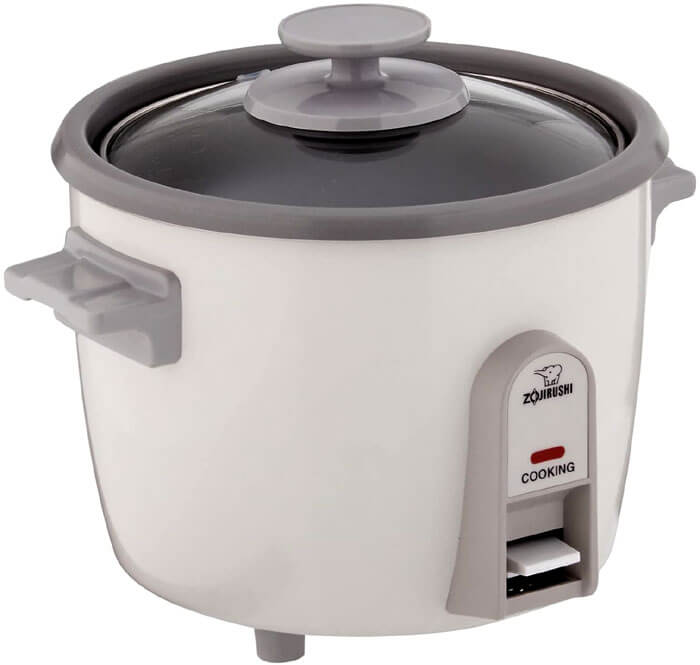 Zojirushi NHS-06 3-cup rice cooker in white with black lid and stay-cool handles, premium quality for rice perfectionists