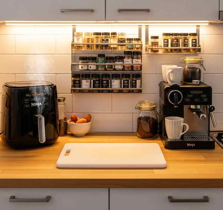 After six months air fryer tiny kitchen before and after shows clean organized counter with compact air fryer