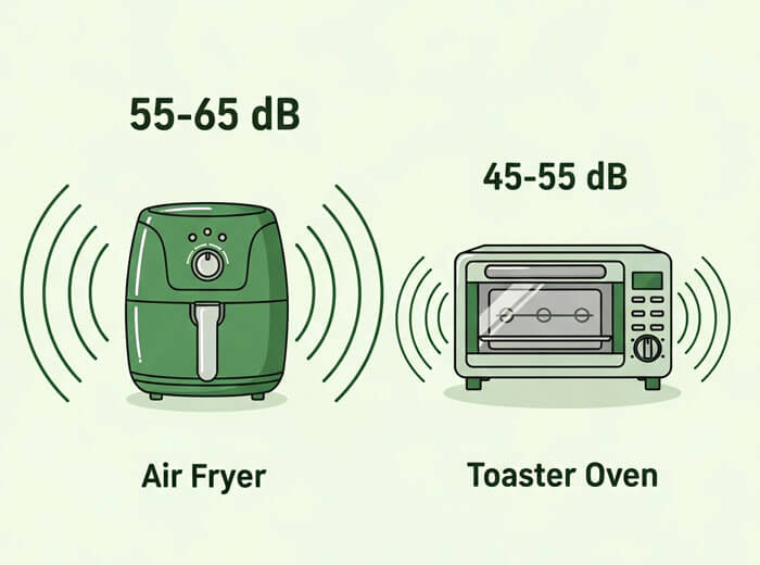 Noise level comparison infographic showing air fryer vs toaster oven decibel levels for apartment living