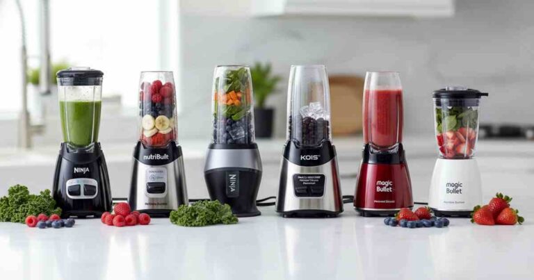 Five best compact blenders for small kitchens on counter including Ninja Fit, NutriBullet, BLACK+DECKER, KOIOS, and Magic Bullet