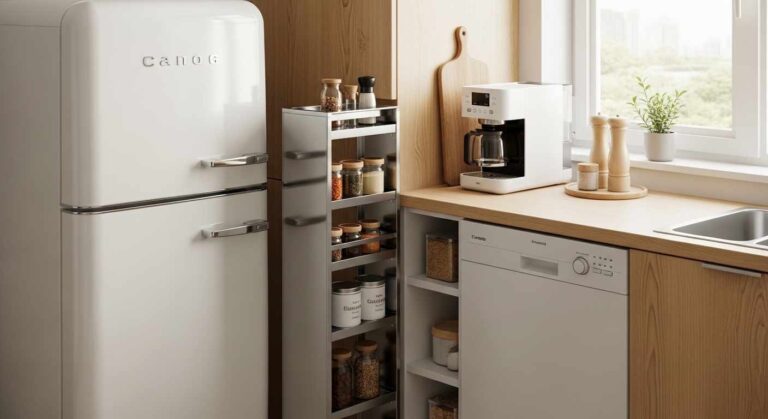 Best nook tools for small kitchens including gap vacuum, magnetic strips, over-sink board, and slim pantry on display