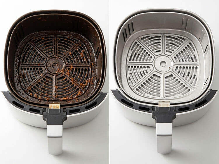 Before and after comparison of dirty vs clean air fryer basket showing proper cleaning results