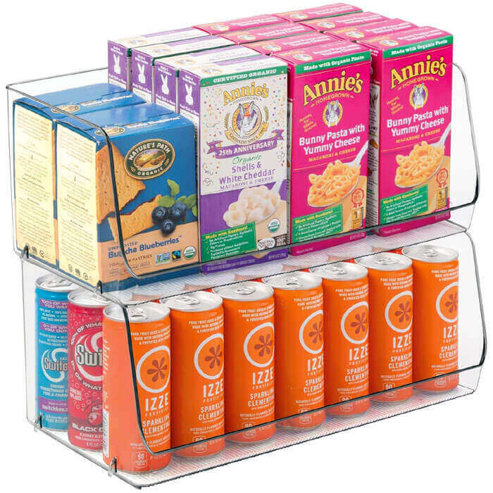 Wire pantry baskets in multiple sizes on kitchen shelf holding snacks and produce