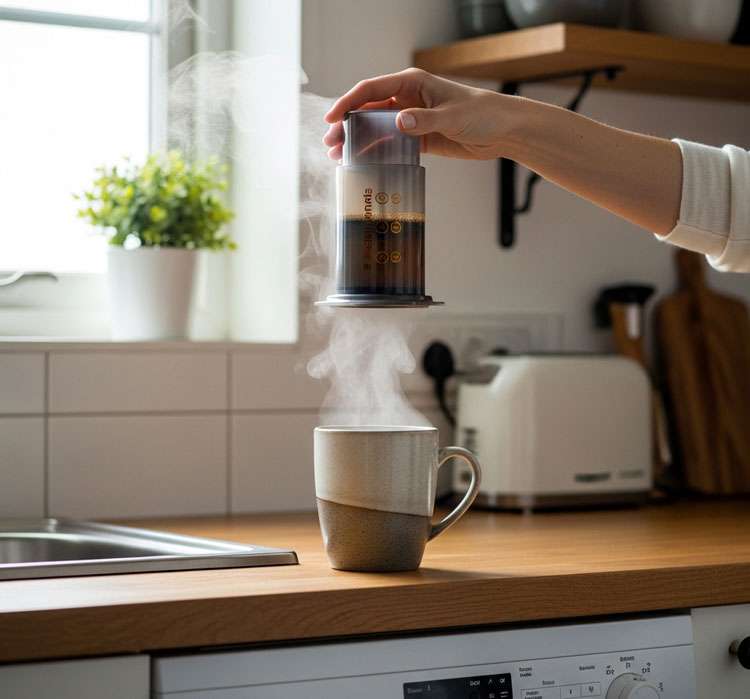 AeroPress manual coffee maker stores in drawer zero counter space perfect for tiny kitchens