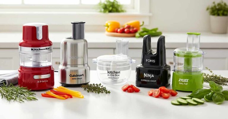 Five best mini food processors for apartments on counter including KitchenAid, Cuisinart, and Zyliss Easy Pull