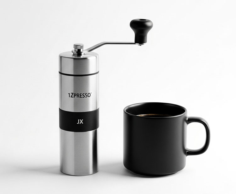 1Zpresso JX manual coffee grinder size comparison next to coffee mug for small kitchens