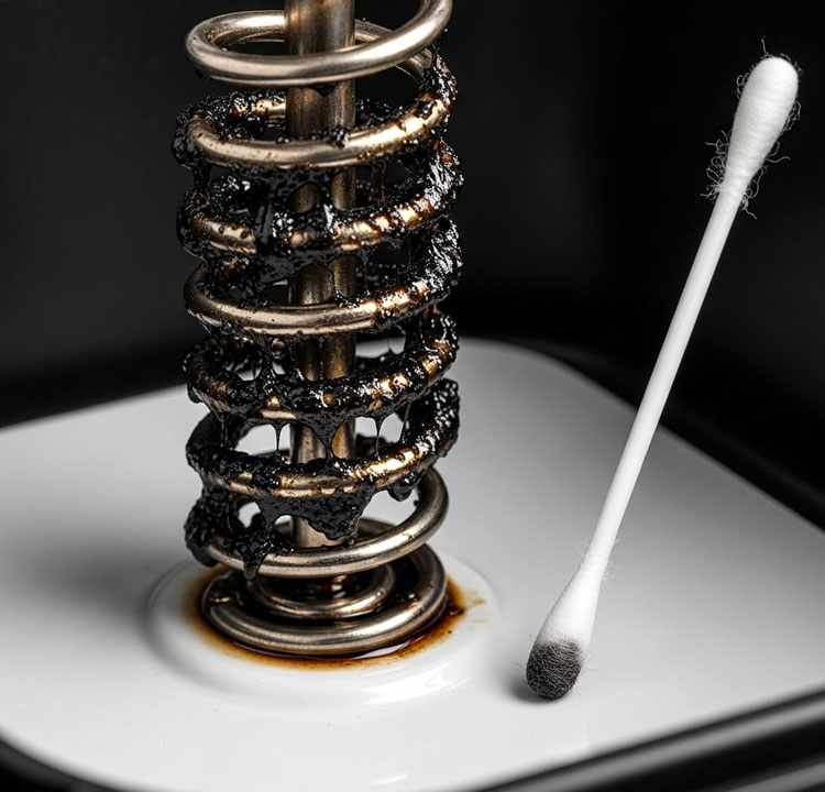 Dirty air fryer heating element with black grease buildup causing smoke