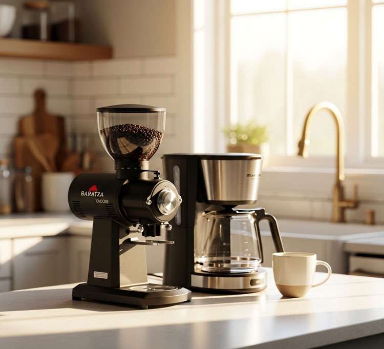 Baratza Encore coffee grinder on small kitchen counter next to coffee maker