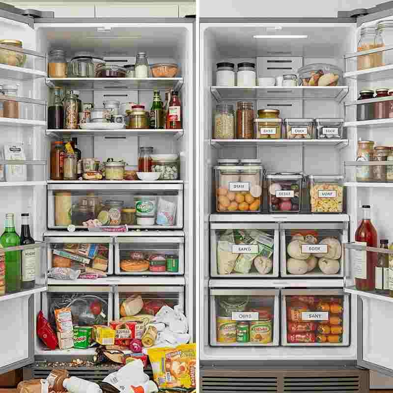 Before and after refrigerator organization showing messy fridge transformed into organized space