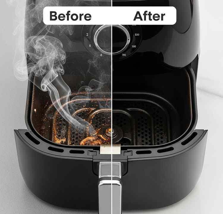 Before and after cleaning air fryer showing smoke stopped after proper cleaning