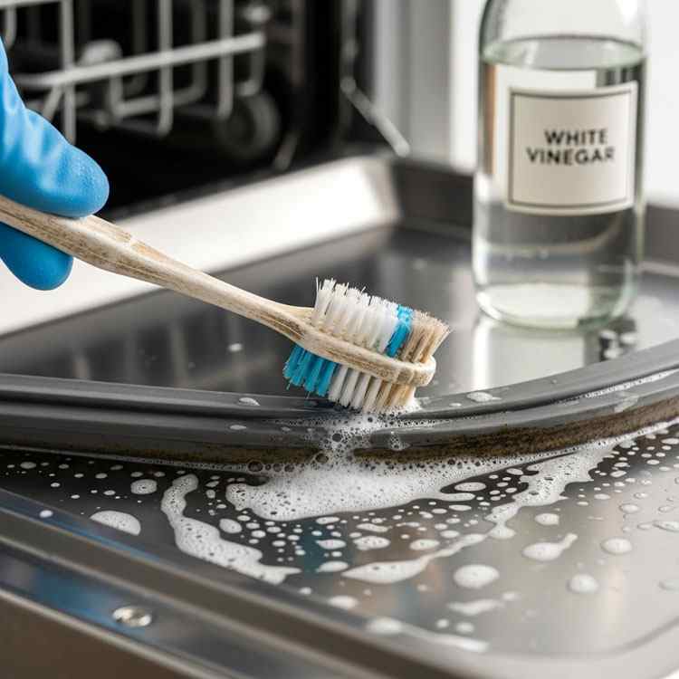 Cleaning dishwasher door seal with toothbrush and vinegar to remove mold and mildew