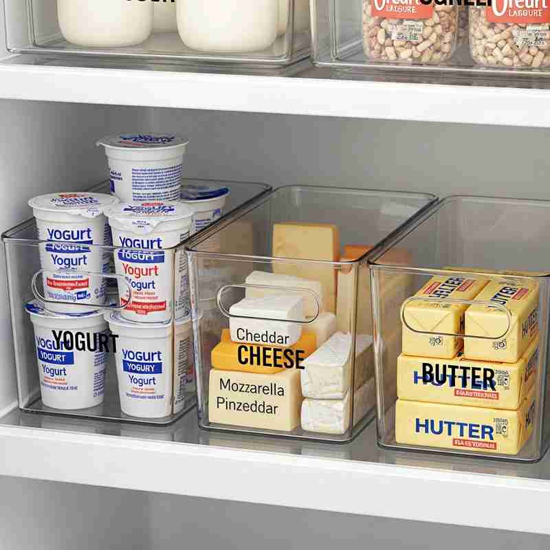 Clear bins organizing dairy products in small refrigerator