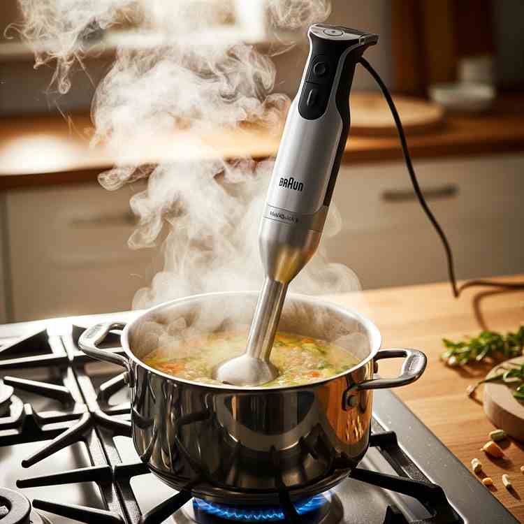 Braun MultiQuick 5 immersion blender blending soup in pot best pick for small kitchens