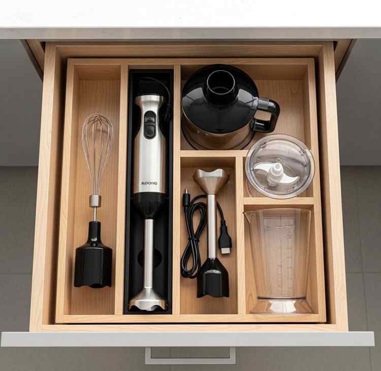 Immersion blender stored in kitchen drawer space-saving solution for small kitchens
