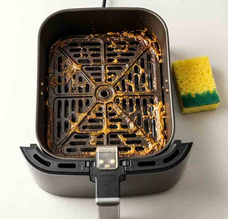 Dirty air fryer basket with baked-on food residue causing smoke during cooking