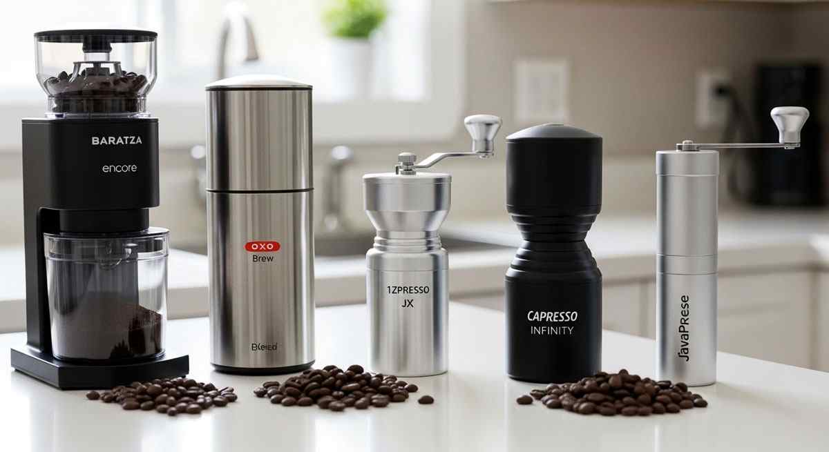 Five best coffee grinders for small kitchens including Baratza, OXO, 1Zpresso, Capresso, and JavaPresse