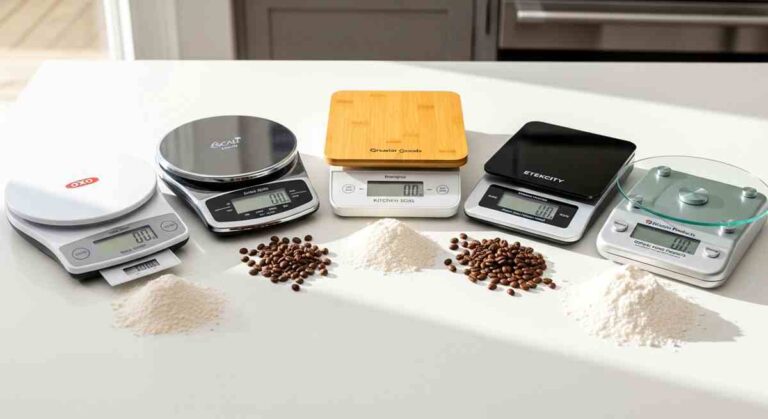 Five best kitchen scales for small kitchens on white counter including OXO Escali Greater Goods Etekcity and Taylor