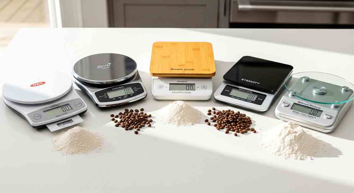 Five best kitchen scales for small kitchens on white counter including OXO Escali Greater Goods Etekcity and Taylor