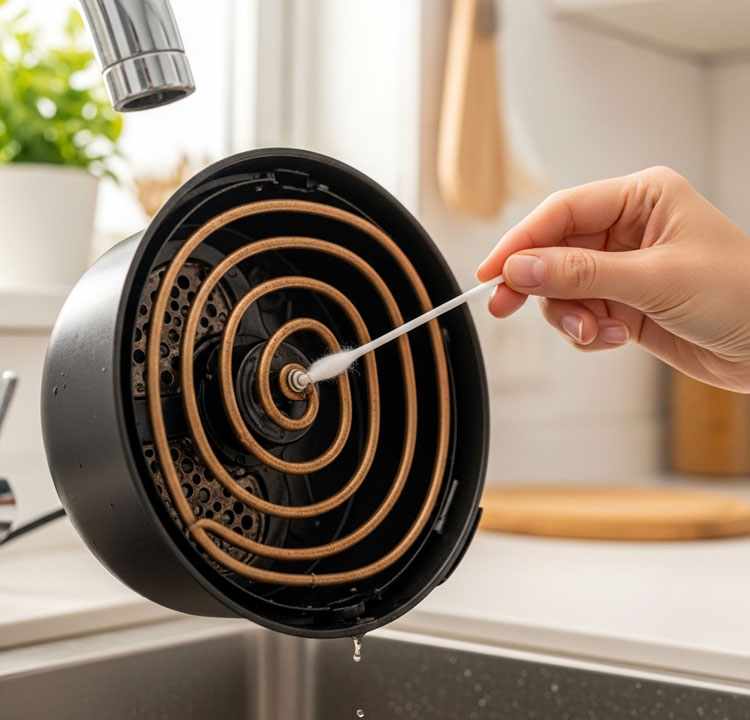 Cleaning air fryer heating element with cotton swab to stop smoke