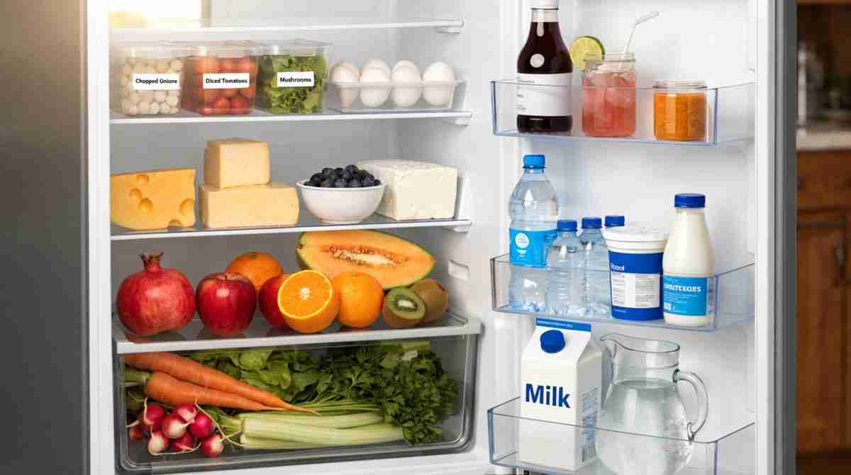 How to organize a small refrigerator with clear bins and labeled containers for space-saving storage
