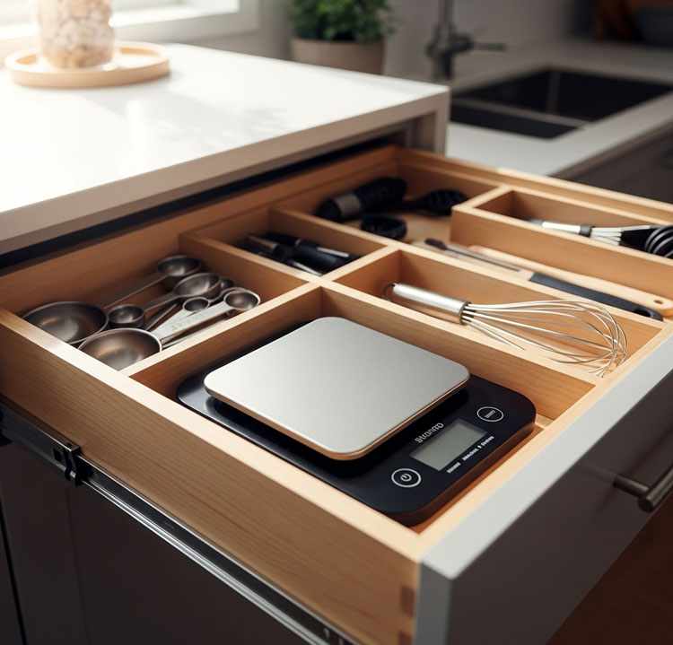 Kitchen scale stored in drawer space-saving solution for small kitchens