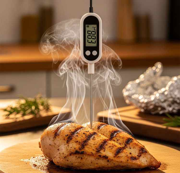 Digital thermometer measuring chicken breast internal temperature for safe cooking