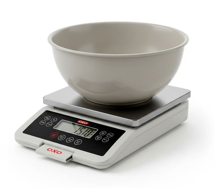OXO kitchen scale pull-out display visible with large bowl for easy reading
