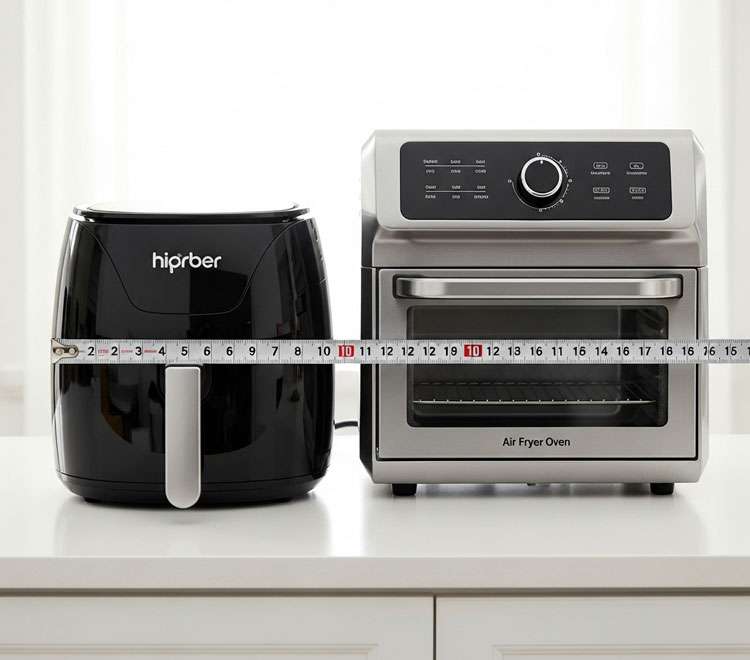 Size comparison basket air fryer vs air fryer oven with measuring tape showing width difference for small kitchens