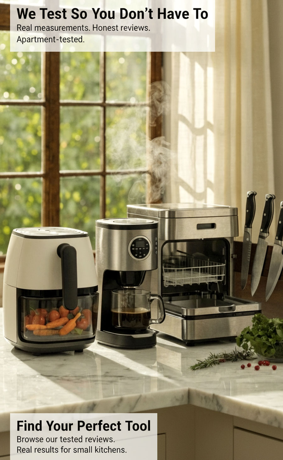 Five essential small kitchen tools displayed on marble counter including air fryer, coffee maker, dishwasher, knife strip, and storage containers