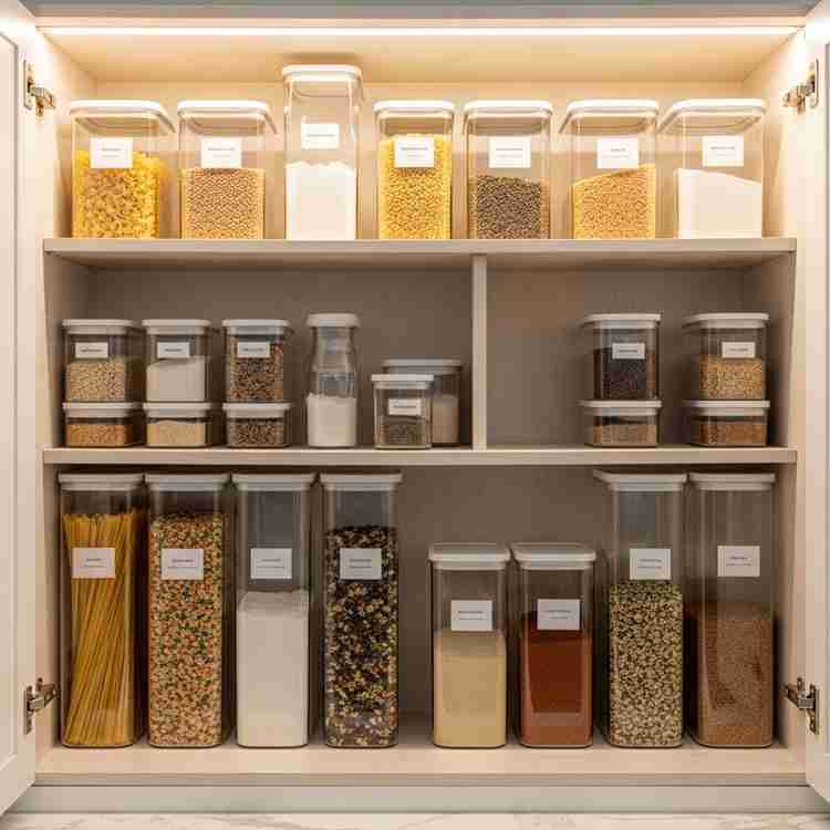 Stackable food storage containers organized in cabinet space-saving solution for small kitchens