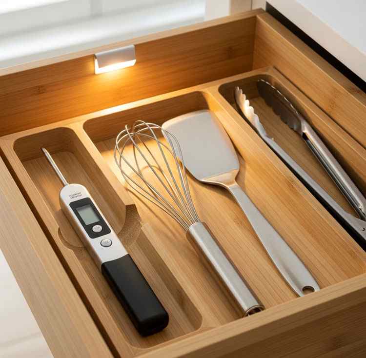 Kitchen thermometer stored in drawer space-saving solution for small kitchens