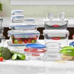 Five best food storage containers for small kitchens on white counter including Rubbermaid Glasslock OXO Pyrex and Snapware