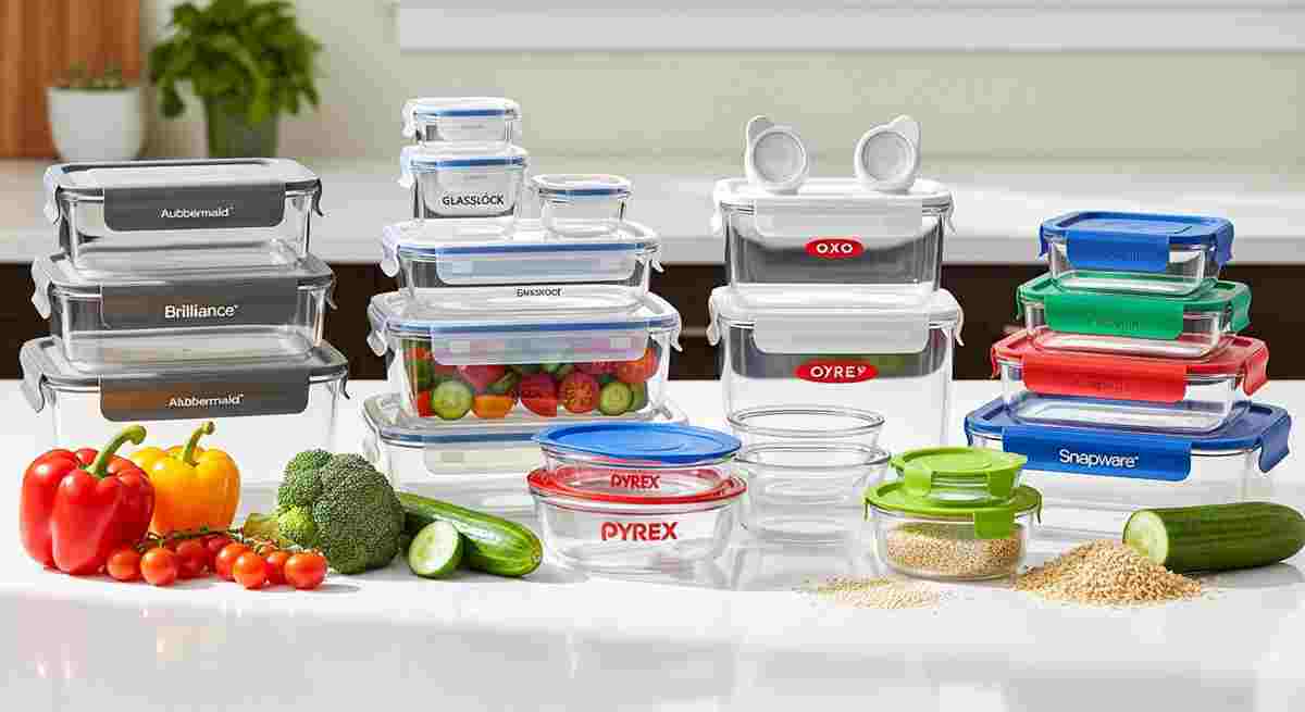Five best food storage containers for small kitchens on white counter including Rubbermaid Glasslock OXO Pyrex and Snapware