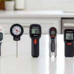 Five best kitchen thermometers for small kitchens on white counter including ThermoPop Thermapen Taylor OXO and Lavatools