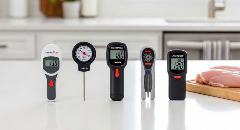 Five best kitchen thermometers for small kitchens on white counter including ThermoPop Thermapen Taylor OXO and Lavatools