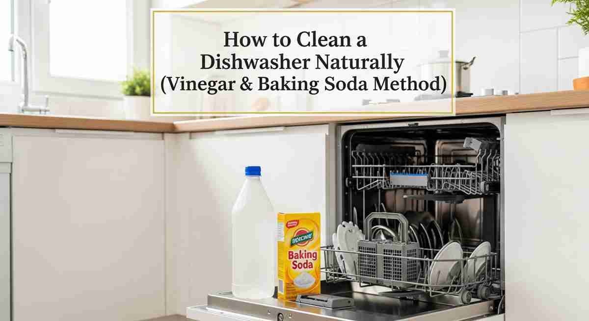 How to clean a dishwasher naturally with vinegar and baking soda supplies on counter