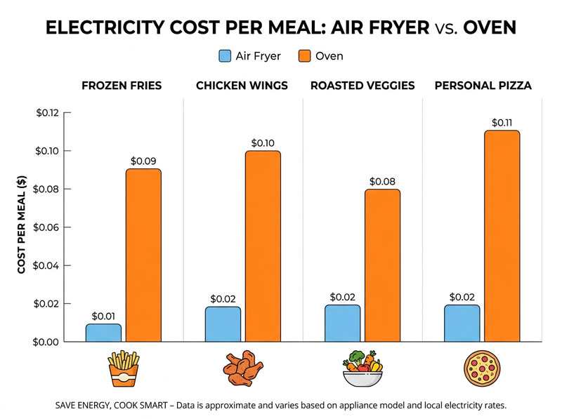 Bar chart showing air fryer vs oven energy cost per meal: air fryer costs 1 to 2 cents, oven costs 6 to 11 cents