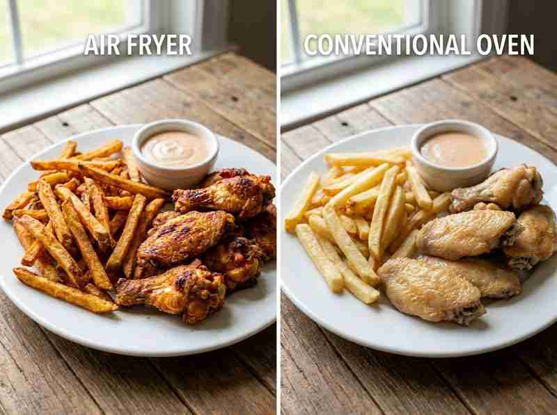 Crispier french fries and chicken wings from air fryer compared to less crispy version from conventional oven