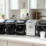 Seven best compact ice makers for small kitchens on white counter including Frigidaire Igloo Silonn Antarctic Star and EUHOMY